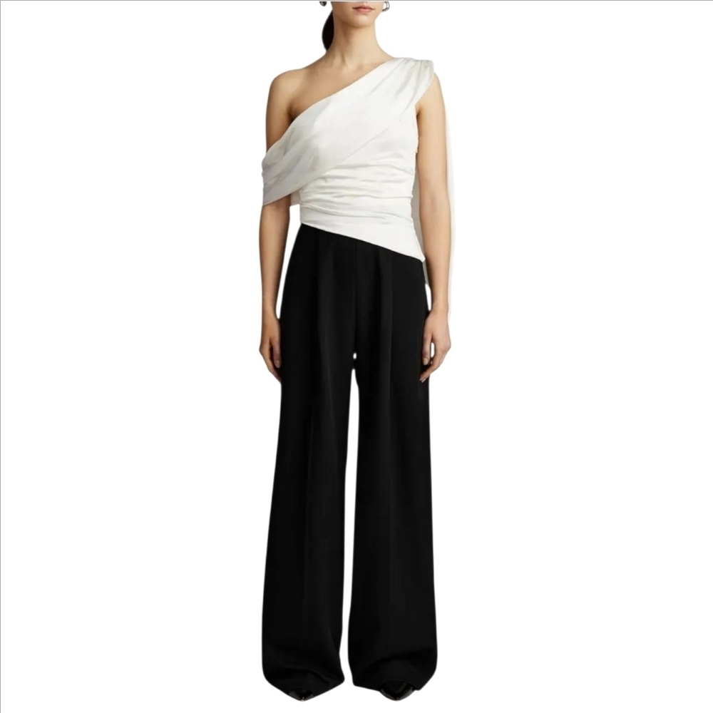 ZAC POSEN | One-Shoulder Draped Wide-Leg Jumpsuit Black/Ivory US 4